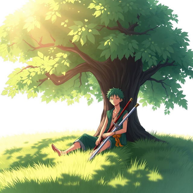 An illustration of Zoro from One Piece, sitting peacefully on lush green grass beneath a large, leafy tree