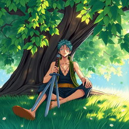 An illustration of Zoro from One Piece, sitting peacefully on lush green grass beneath a large, leafy tree