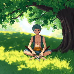 An illustration of Zoro from One Piece, sitting peacefully on lush green grass beneath a large, leafy tree