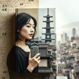 An artistic book cover split down the middle, with one half showcasing a modern female figure from contemporary times and the other half depicting a historical district from the Edo period