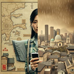 An artistic book cover split down the middle, with one half showcasing a modern female figure from contemporary times and the other half depicting a historical district from the Edo period