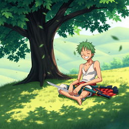 An anime portrait of Zoro from One Piece, sitting peacefully on the grass under a tree in a calm environment