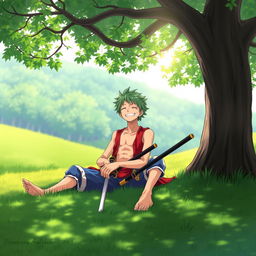 An anime portrait of Zoro from One Piece, sitting peacefully on the grass under a tree in a calm environment