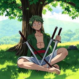 An anime portrait of Zoro from One Piece, sitting peacefully on the grass under a tree in a calm environment