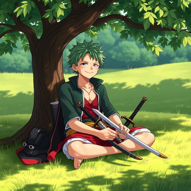 An anime portrait of Zoro from One Piece, sitting peacefully on the grass under a tree in a calm environment