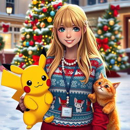 A woman Pokémon trainer with long blonde hair styled with front bangs and dark hazel eyes stands beside her cute Pikachu and an adorable orange cat