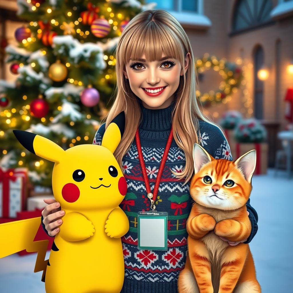 A woman Pokémon trainer with long blonde hair styled with front bangs and dark hazel eyes stands beside her cute Pikachu and an adorable orange cat