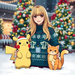 A woman Pokémon trainer with long blonde hair styled with front bangs and dark hazel eyes stands beside her cute Pikachu and an adorable orange cat