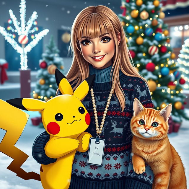 A woman Pokémon trainer with long blonde hair styled with front bangs and dark hazel eyes stands beside her cute Pikachu and an adorable orange cat