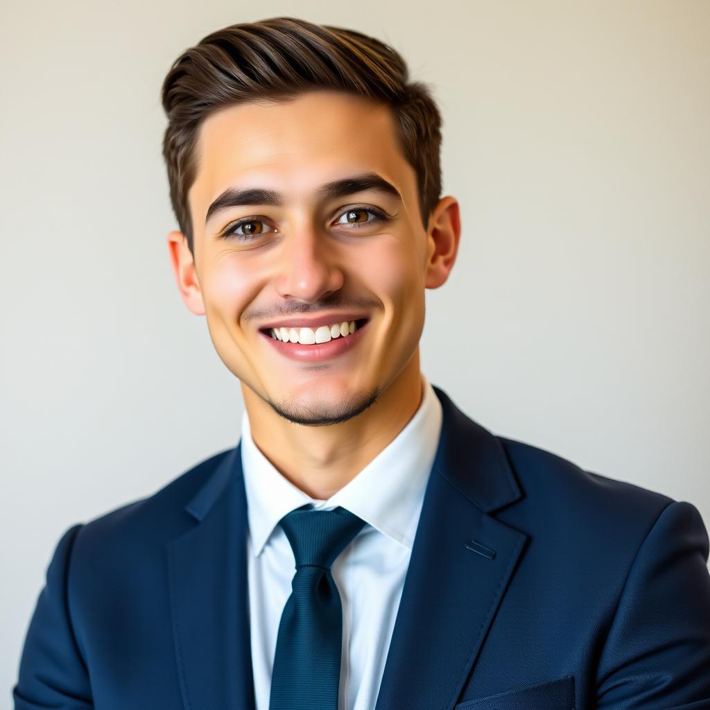 A professional CV photo of a young adult male, smiling and looking confidently at the camera