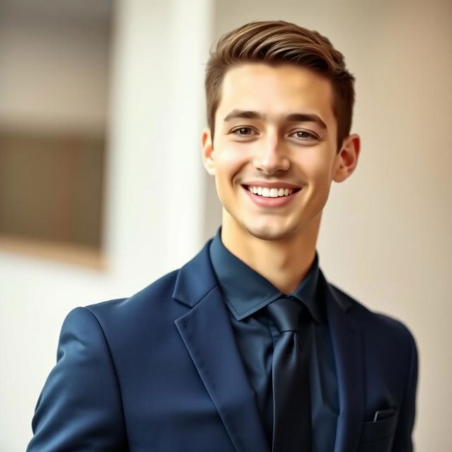 A professional CV photo of a young adult male, smiling and looking confidently at the camera