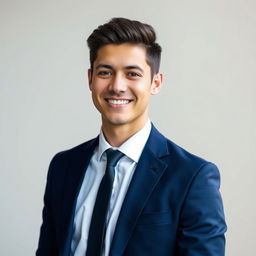 A professional CV photo of a young adult male, smiling and looking confidently at the camera