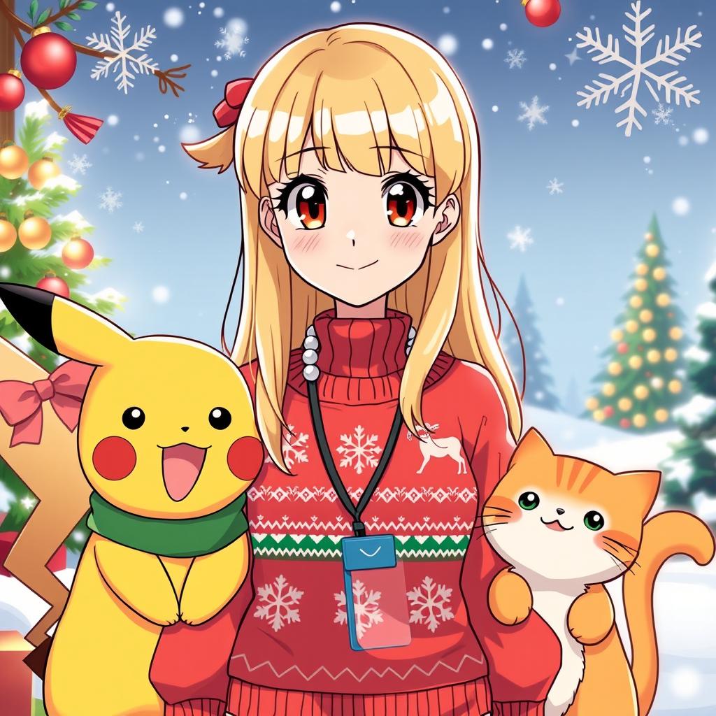 A cartoon Pokémon trainer woman with long blonde hair, featuring front bangs and dark hazel eyes, stands next to a cheerful Pikachu and a cute orange cat