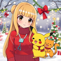 A cartoon Pokémon trainer woman with long blonde hair, featuring front bangs and dark hazel eyes, stands next to a cheerful Pikachu and a cute orange cat