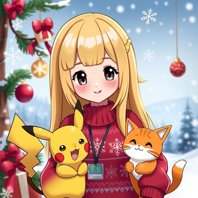 A cartoon Pokémon trainer woman with long blonde hair, featuring front bangs and dark hazel eyes, stands next to a cheerful Pikachu and a cute orange cat