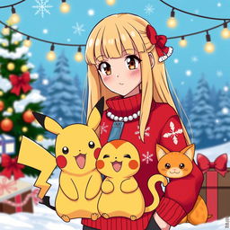 A cartoon Pokémon trainer woman with long blonde hair, featuring front bangs and dark hazel eyes, stands next to a cheerful Pikachu and a cute orange cat