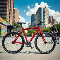 A sleek, modern bicycle is parked against a vibrant city backdrop