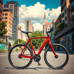 A sleek, modern bicycle is parked against a vibrant city backdrop