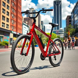 A sleek, modern bicycle is parked against a vibrant city backdrop
