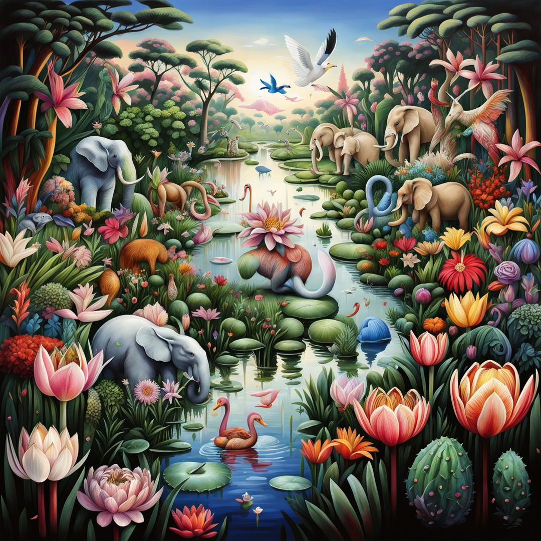 A digital art piece representing a vibrant landscape filled with various animals and plants