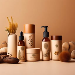 Design individual units of a natural cosmetics product range, with attractive, eco-friendly packaging featuring botanical elements and soothing earth tones.