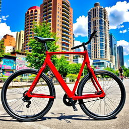 A sleek, modern bicycle is parked against a vibrant city backdrop