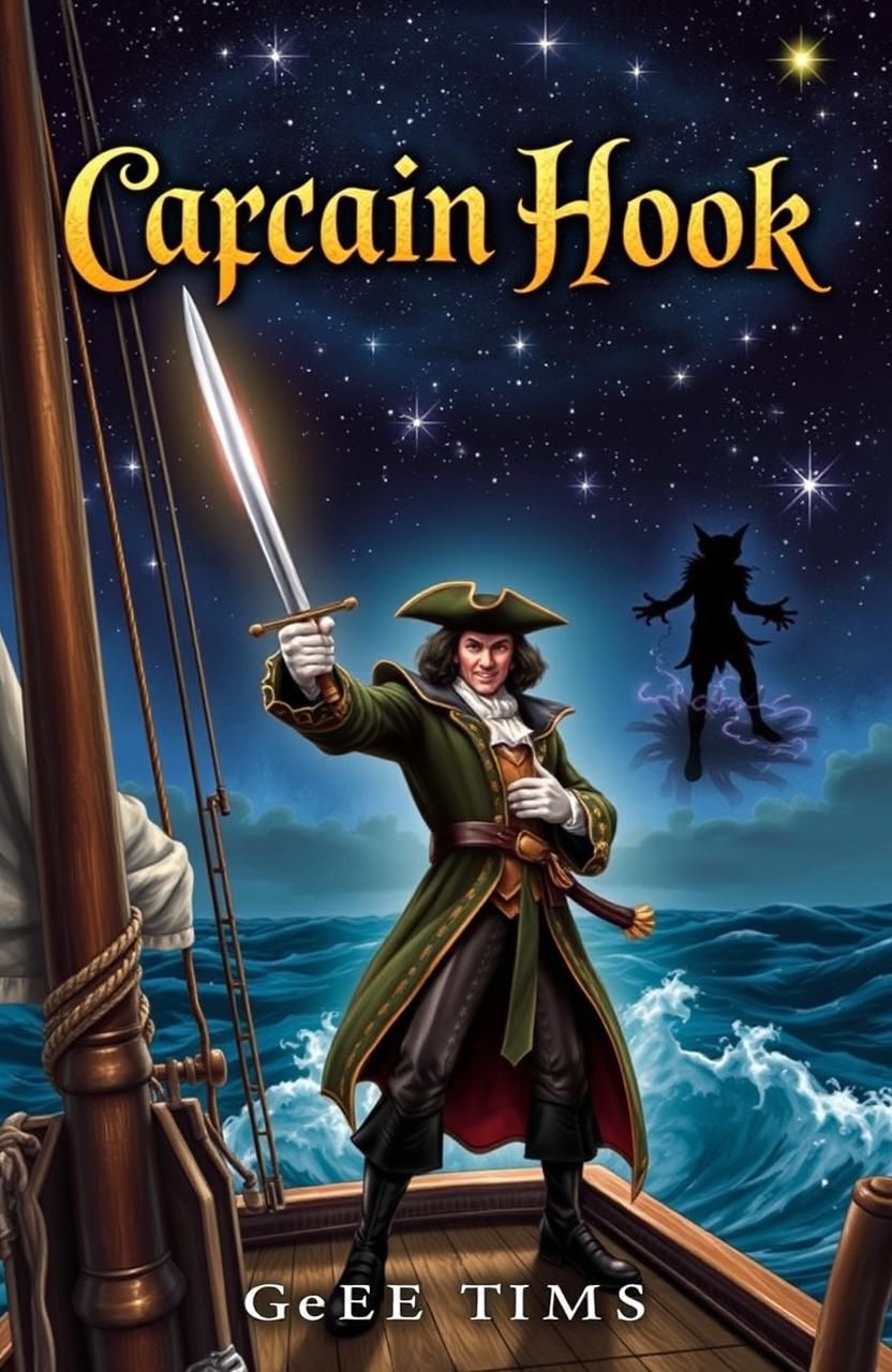 A dramatic book cover depicting Captain Hook as a heroic figure, standing confidently on a ship's deck under a starry night sky