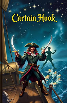 A dramatic book cover depicting Captain Hook as a heroic figure, standing confidently on a ship's deck under a starry night sky
