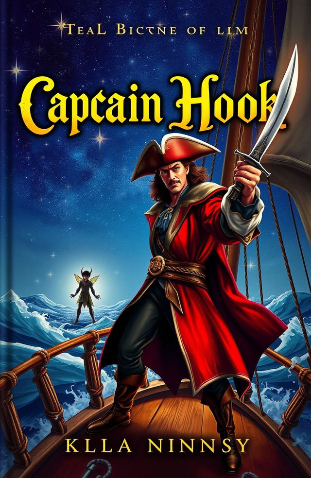 A dramatic book cover depicting Captain Hook as a heroic figure, standing confidently on a ship's deck under a starry night sky