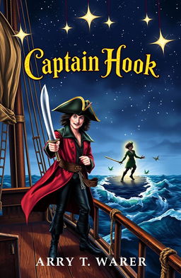 A dramatic book cover depicting Captain Hook as a heroic figure, standing confidently on a ship's deck under a starry night sky