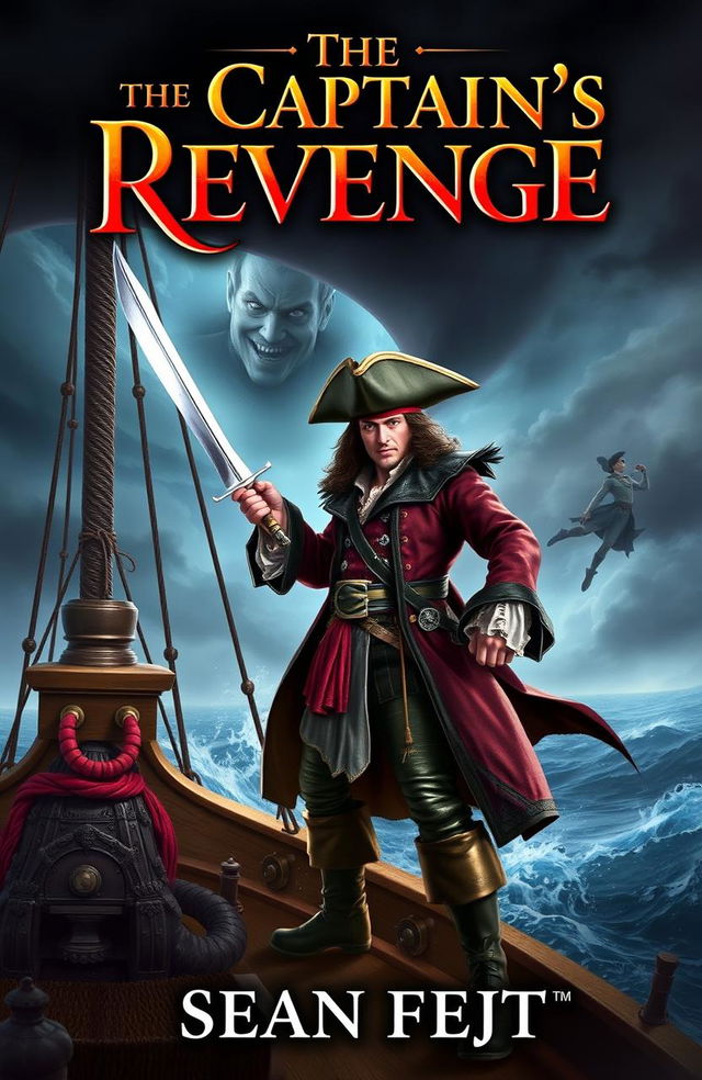 A captivating fantasy book cover depicting Captain Hook as a heroic figure, standing proudly on the deck of a pirate ship, dressed in his iconic elaborate pirate attire complete with a tricorne hat and a fierce expression