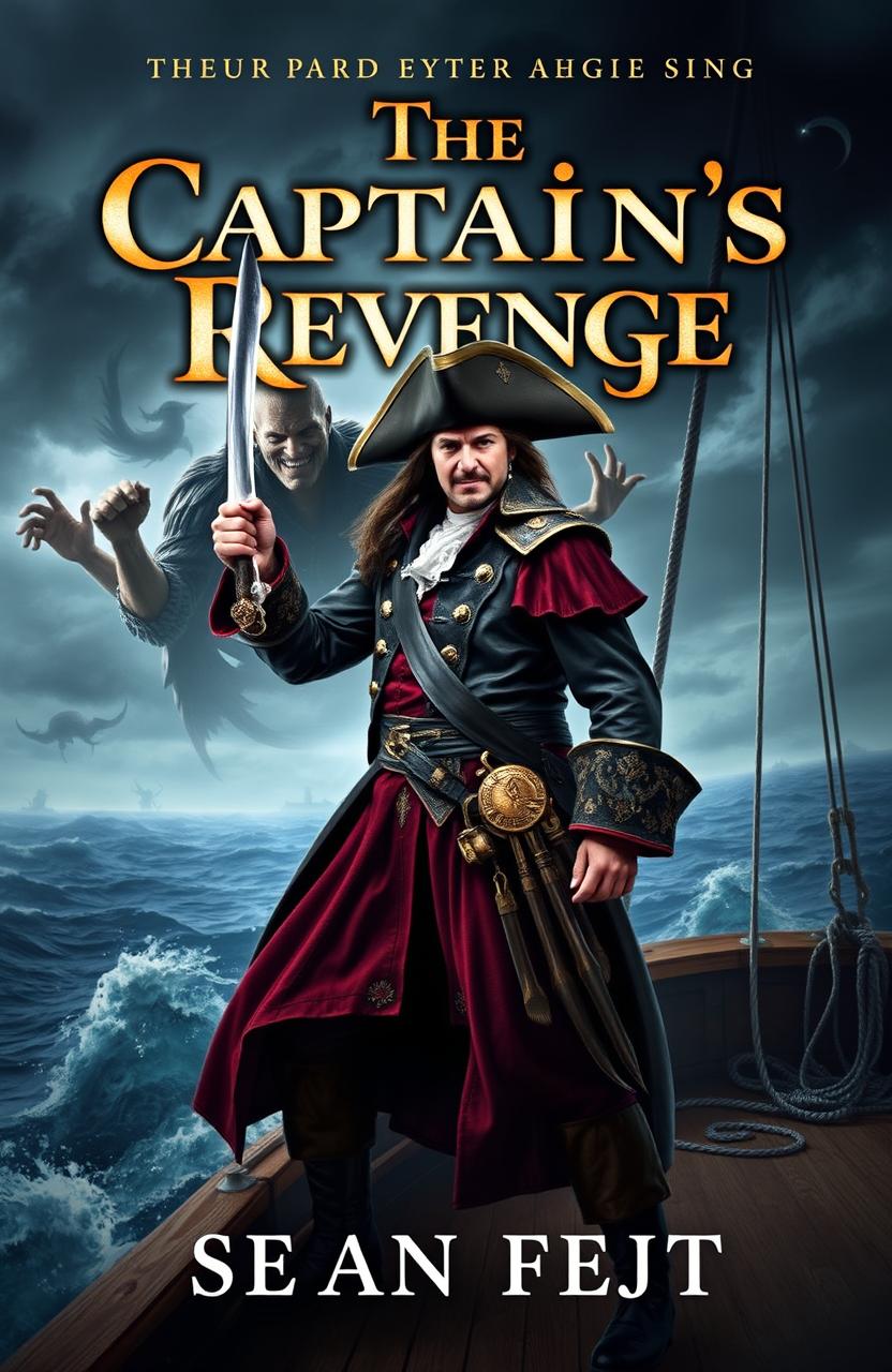 A captivating fantasy book cover depicting Captain Hook as a heroic figure, standing proudly on the deck of a pirate ship, dressed in his iconic elaborate pirate attire complete with a tricorne hat and a fierce expression