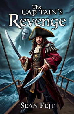 A captivating fantasy book cover depicting Captain Hook as a heroic figure, standing proudly on the deck of a pirate ship, dressed in his iconic elaborate pirate attire complete with a tricorne hat and a fierce expression