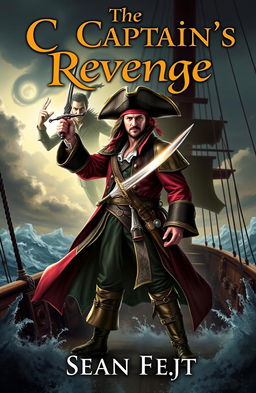 A captivating fantasy book cover depicting Captain Hook as a heroic figure, standing proudly on the deck of a pirate ship, dressed in his iconic elaborate pirate attire complete with a tricorne hat and a fierce expression
