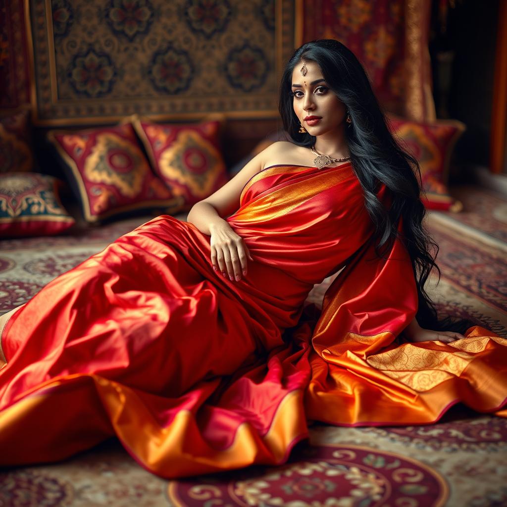 A large-breasted Indian woman, elegantly draped in a vibrant saree of rich colors like deep red and gold, reclines gracefully on a soft, ornate floor adorned with intricate patterns