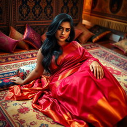 A large-breasted Indian woman, elegantly draped in a vibrant saree of rich colors like deep red and gold, reclines gracefully on a soft, ornate floor adorned with intricate patterns