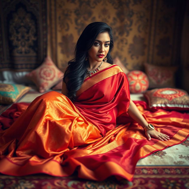 A large-breasted Indian woman, elegantly draped in a vibrant saree of rich colors like deep red and gold, reclines gracefully on a soft, ornate floor adorned with intricate patterns