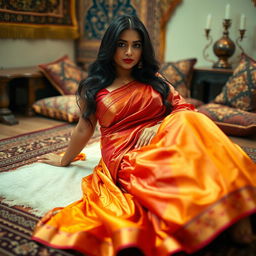 A large-breasted Indian woman, elegantly draped in a vibrant saree of rich colors like deep red and gold, reclines gracefully on a soft, ornate floor adorned with intricate patterns