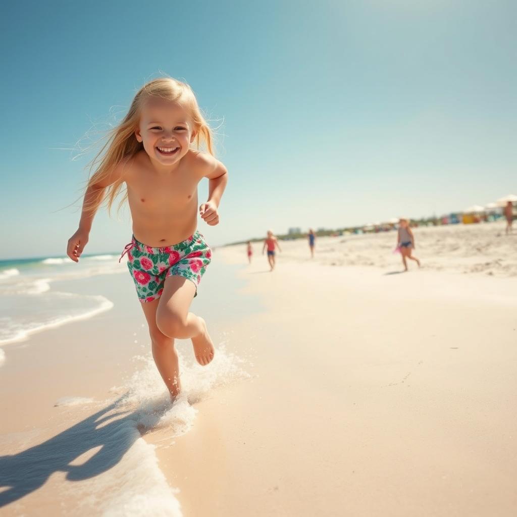 A joyful 9-year-old girl with long blond hair, playing on a sunny beach with soft white sand