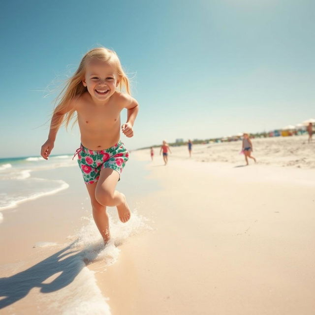 A joyful 9-year-old girl with long blond hair, playing on a sunny beach with soft white sand