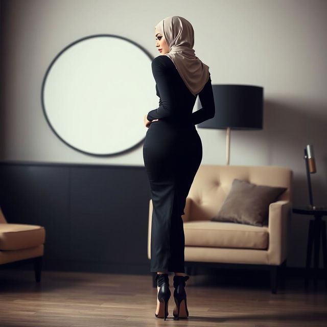 A modern and seductive Arab stepmom seen from the back, elegantly dressed in a form-fitting tight dress that accentuates her curves