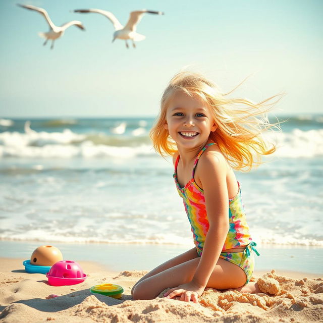 A joyful 11-year-old blonde girl playing at the beach, with a bright smile on her face and the wind in her hair, wearing a colorful swimsuit and enjoying the sand and sun