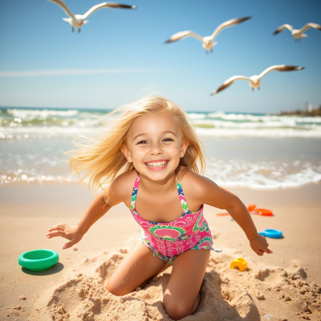 A joyful 11-year-old blonde girl playing at the beach, with a bright smile on her face and the wind in her hair, wearing a colorful swimsuit and enjoying the sand and sun