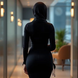 A modern and seductive Arab stepmom viewed from the back, wearing a stylish and tight-fitting dress that emphasizes her alluring shape
