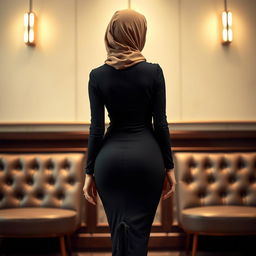 A modern and seductive Arab stepmom viewed from the back, wearing a stylish and tight-fitting dress that emphasizes her alluring shape