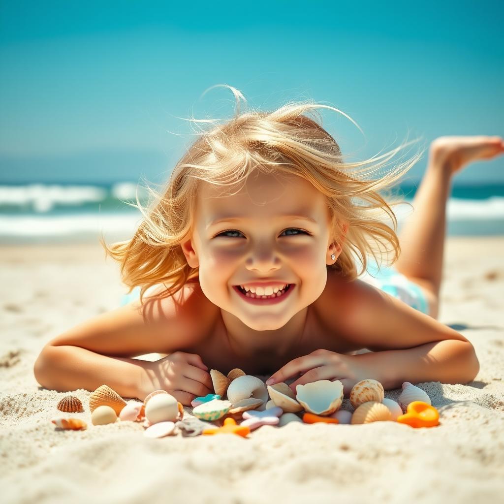 A happy 11-year-old blonde girl joyfully playing on a sandy beach
