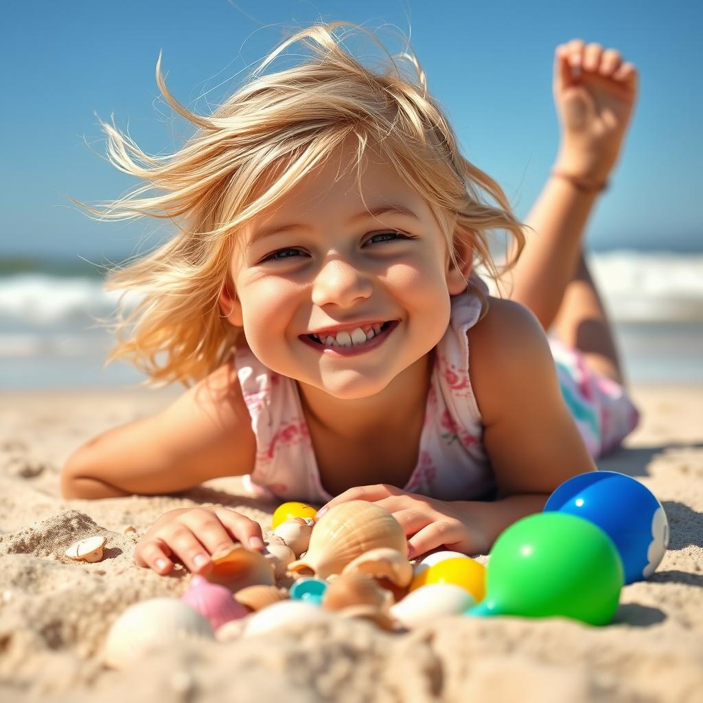A happy 11-year-old blonde girl joyfully playing on a sandy beach