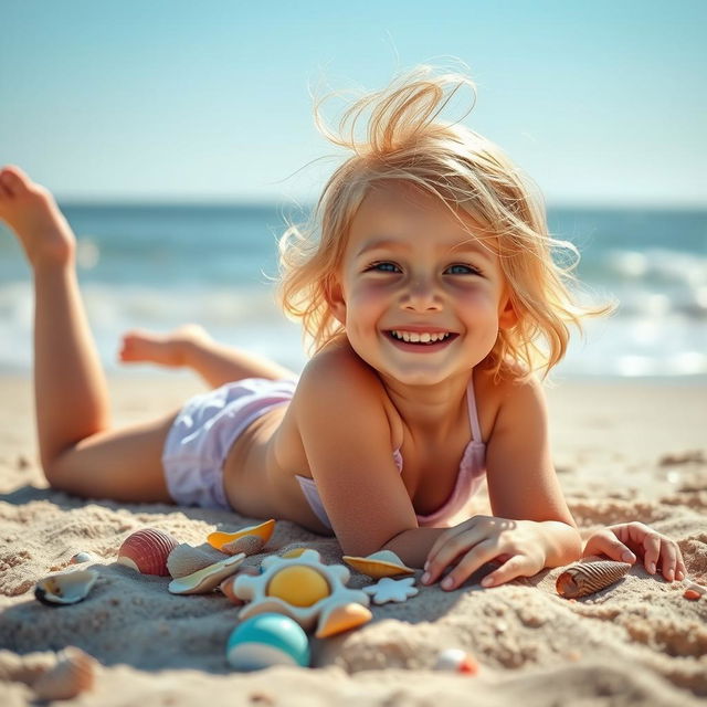 A happy 11-year-old blonde girl joyfully playing on a sandy beach