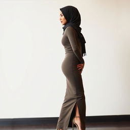 A modern and seductive Arab stepmom in a side view, elegantly dressed in a tight-fitting dress that highlights her alluring figure