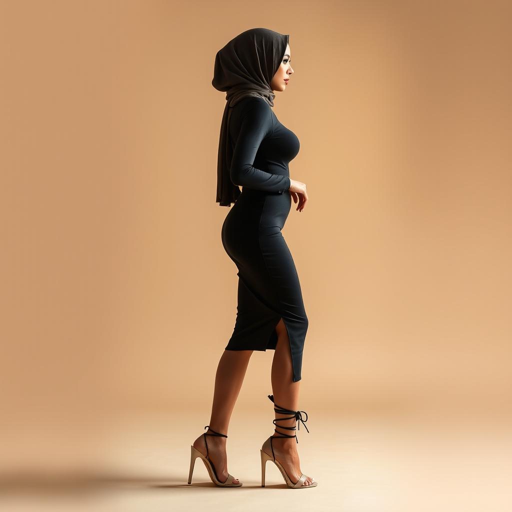 A modern and seductive Arab stepmom in a side view, elegantly dressed in a tight-fitting dress that highlights her alluring figure